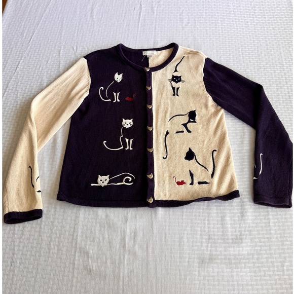 Christopher & Banks Sweaters - Christopher & Banks Cat Cardigan Navy Cream Embroidered Knit Sweater Medium 2003